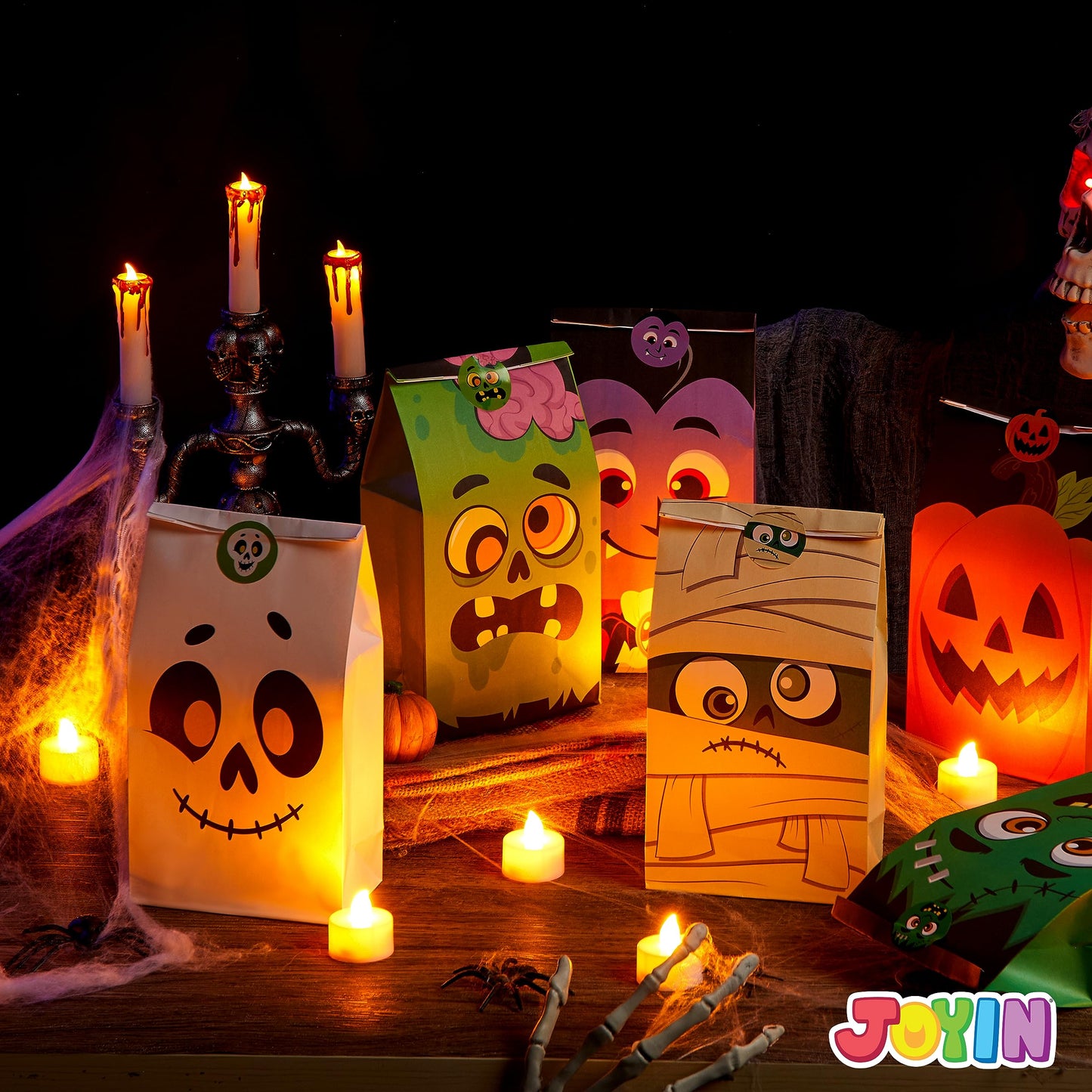 JOYIN 72PCS Halloween Treat Bags, Candy and Goodie Bags, 6 Styles with Stickers, Party Supplies for Kids Halloween Party Favors Exchange, Holiday Pastries Supplies