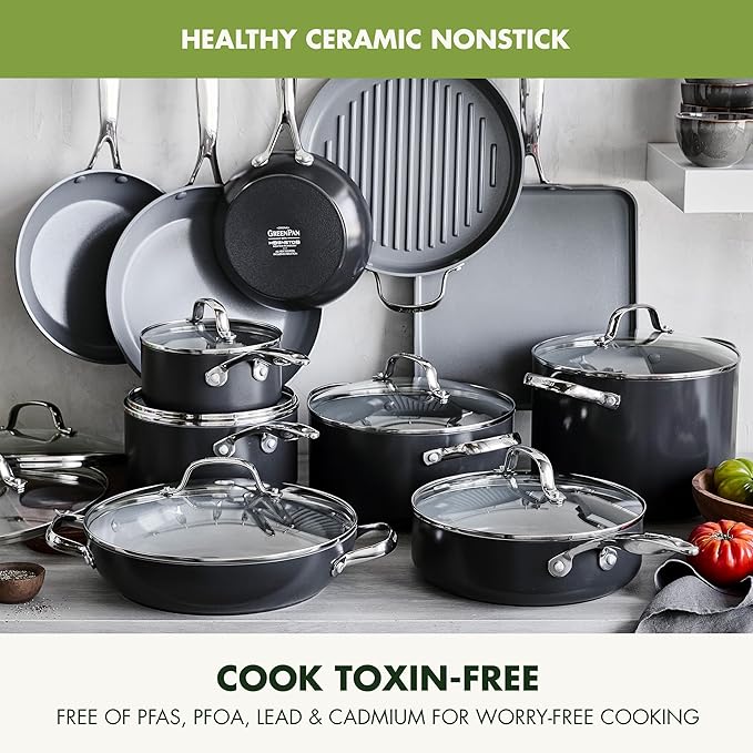 GreenPan 22 Piece Valencia Pro Ceramic Nonstick Cookware Set, PFAS-Free, Induction Ready, Hard Anodized Pots & Pans with Lids, Compatible on All Cooktops, Dishwasher & Oven Safe, Gray