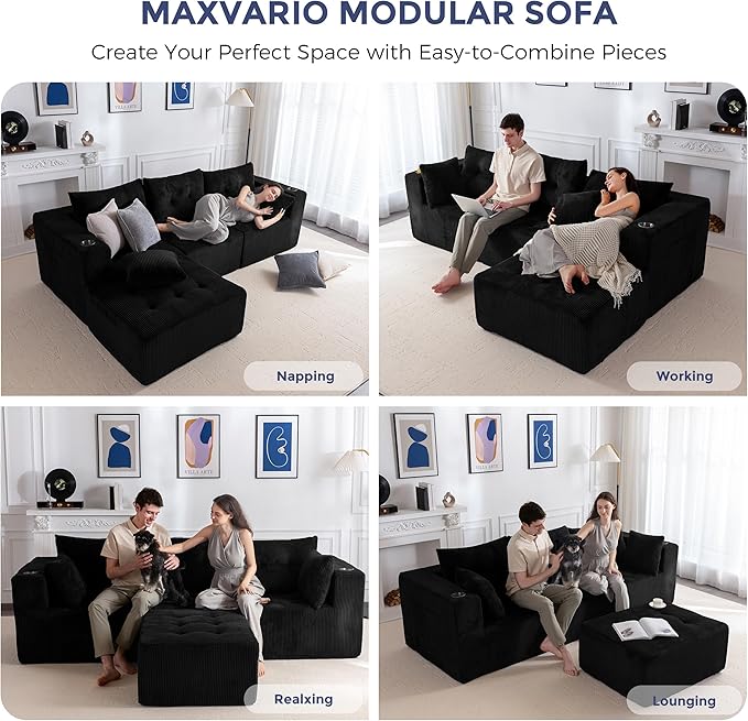 MAXYOYO Modular Sectional Sofa Couch, L Shaped Modern Cloud Couch with 1 Ottoman, Sofa in A Box, Tufted 4-Seat Boneless Sleeper Chair for Living Room, No Assembly Required, Black
