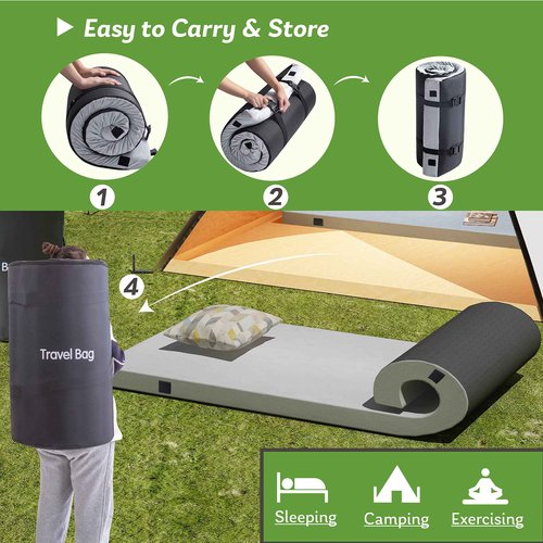 Memory Foam Camping Mattress 2.5 inch, Twin XL Portable Roll Up Camping Sleep Topper with Waterproof and Non-Slip Bottom, Camping Car Mat with Travel Bag, 79"×38"×2.5", Grey