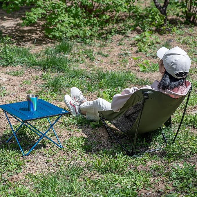 iClimb Low Ultralight Compact Camping Folding Chair with Side Pocket and Carry Bag (Blue)