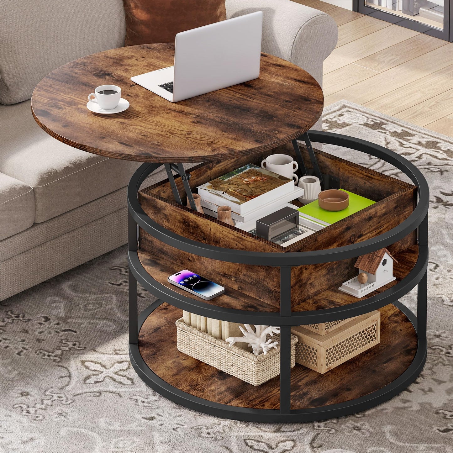 DWVO Round Lift Top Coffee Tables for Living Room, Circle Coffee Table with Storage & Hidden Compartment, Farmhouse Wood Coffee Tables with Lifting up Living Room for Home Office Samll Table, Brown