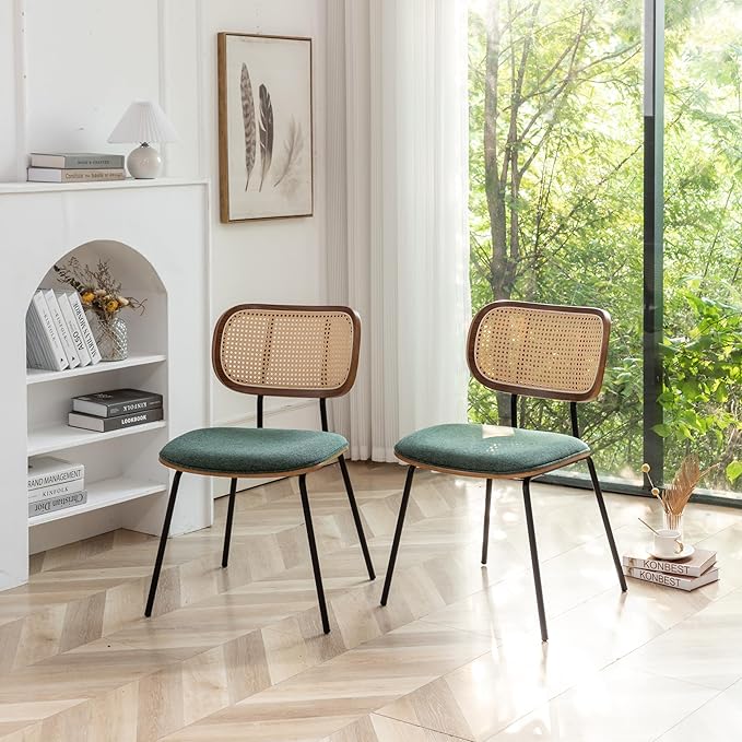 HOCEWI Rattan Dining Chairs Set of 4, Christmas Chair Mid Century Modern Dining Chairs with Cane Back for Kitchen Dining Room, 19 Inch Fabric Green