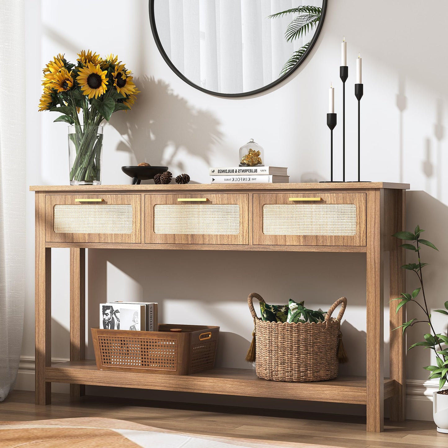 ELYKEN 51.2" Entryway Table with 3 Rattan Drawers, Boho Console Table Narrow with Storage, Long Sofa Table for Behind Couch Entry Hallway, Entrance, Living Room, Oak Brown