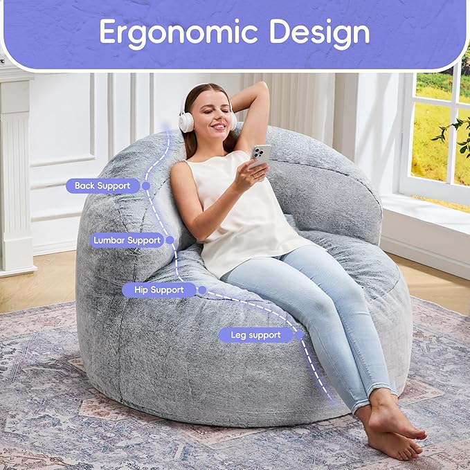 Hobestluk Bean Bag Chair Giant Bean Bag Chairs for Adults Big Bean Bag Chair with Memory Foam Filler Adults Large Beanbag with Faux Fur Cover for Bedroom (Plush Grey,Large)