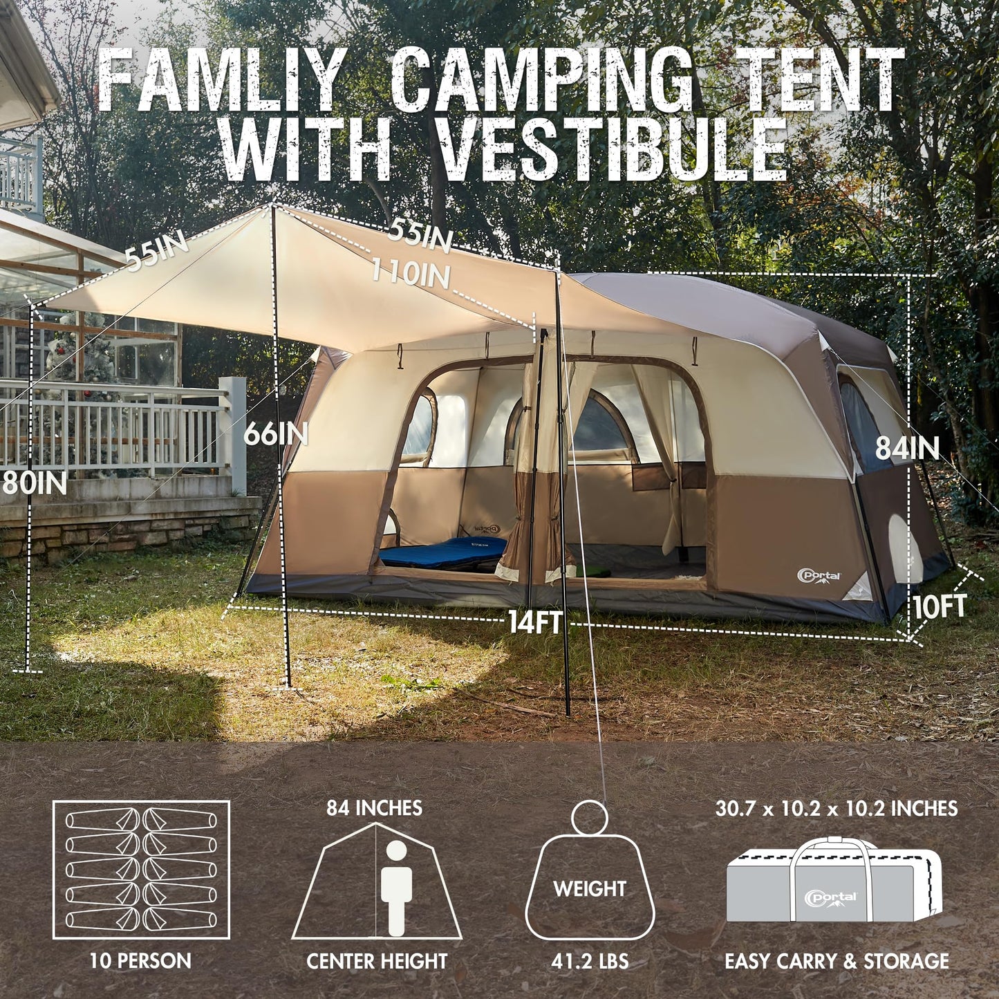 PORTAL Camping Tent, 10 Person Instant Cabin Tent with Rainfly, Large Mesh Windows & Upgraded Ventilation, Portable Big Tents with Carry Bag for Family Outdoor, Backpacking, Hiking, Brown