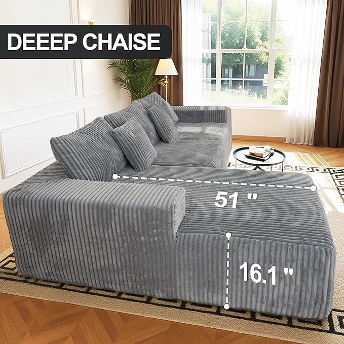 SEENYOO 112.99" Boneless Cloud Couch, L Shaped Sectional Sofa with Chaise, No Assembly Required, Sink-in Corduroy Fabric & Memory Foam, Plush Modular Sofa for Apartment, Lounge, Dorm (Grey)