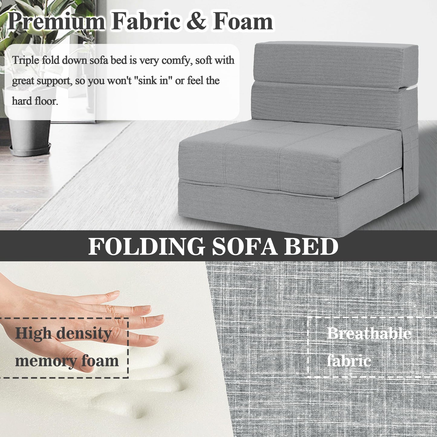 CATMIX Folding Sofa Bed, 7 inch Memory Foam Floor Couch, Convertible Sleeper Foldable Mattress Futon Sofa for Living Room/Home Office/Guest Beds/Apartment/Upstairs Loft, New Light Grey, Single