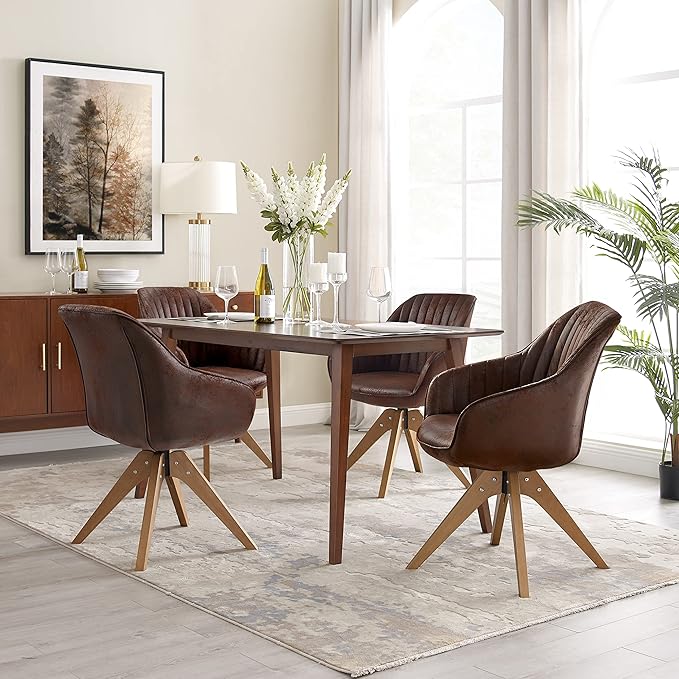 Art Leon Dining Chair, Mid Century Modern Suede Upholstered Swivel Dining Room Chair with Wood Legs, Leisure Side Chair with Arms for Living Room, Mocha