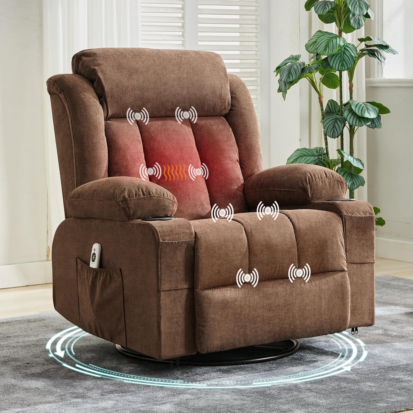 Oversized Manual Rocker Recliner Chair with 360° Swivel – Heat & Massage, Remote Control, Cup Holders, Side Pockets, USB Charging – Large Comfortable Living Room Lounge, Brown, Perch Depth 57CM