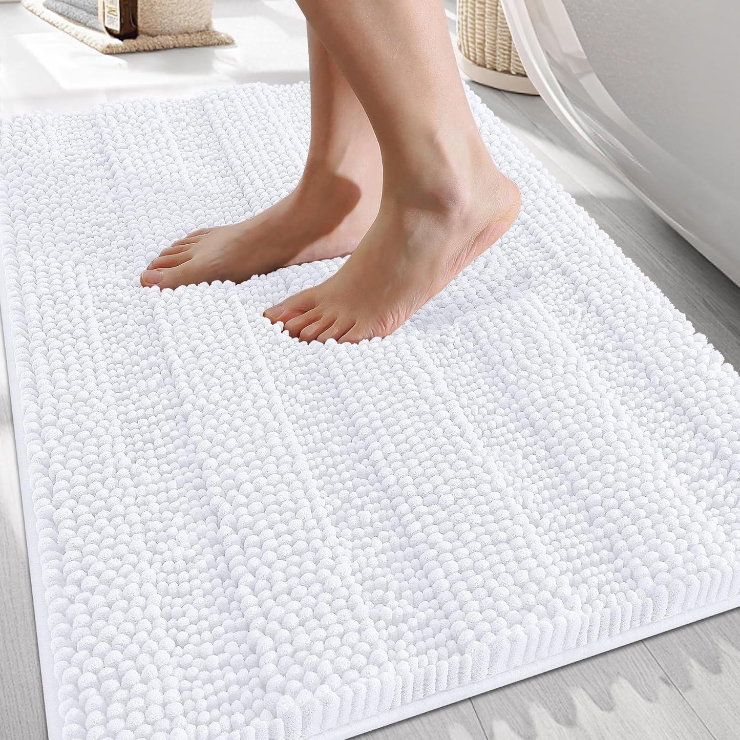 OLANLY Thick Bathroom Rugs 30x20, Extra Soft Absorbent Chenille Striped Bath Rugs, Rubber Backing, Machine Wash Dry, Bath Mats for Bathroom Floor, Tub and Shower, Home Decor Accessories, White