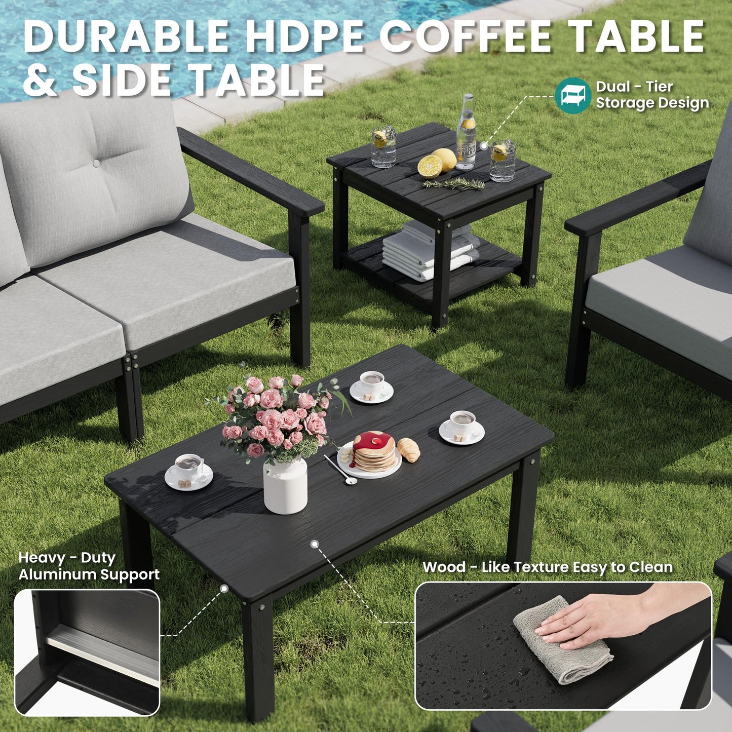 PamapicLife 7-Piece HDPE Patio Furniture Set, Outdoor Sectional Sofa Set,All Weather Outdoor Couch with Dust-Free Cushions, Durable Patio Conversation Sets for Balcony, Porch, Black