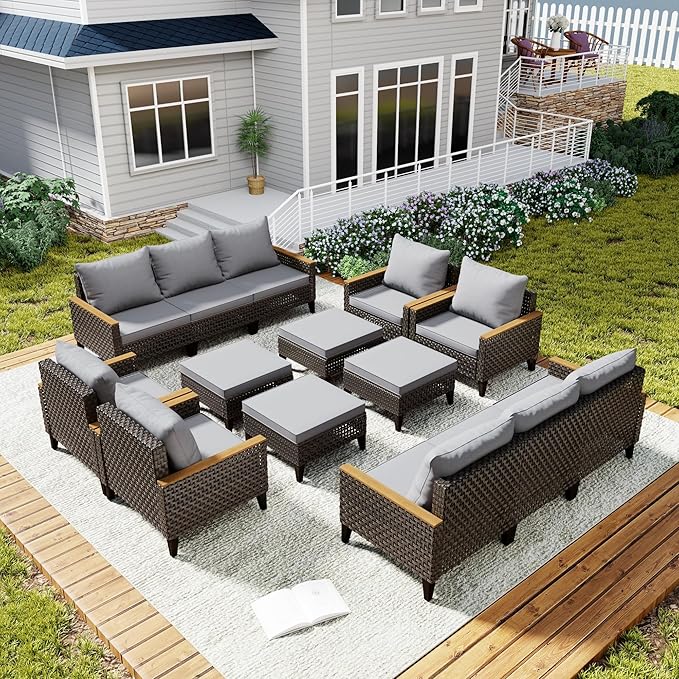 Xmkmvk 14 Piece Patio Sectional Sofa Furniture Set, All-Weather Wicker Rattan Outdoor Conversation Set with High Back and Thick Cushions, for Garden, Porch, Poolside, Gray