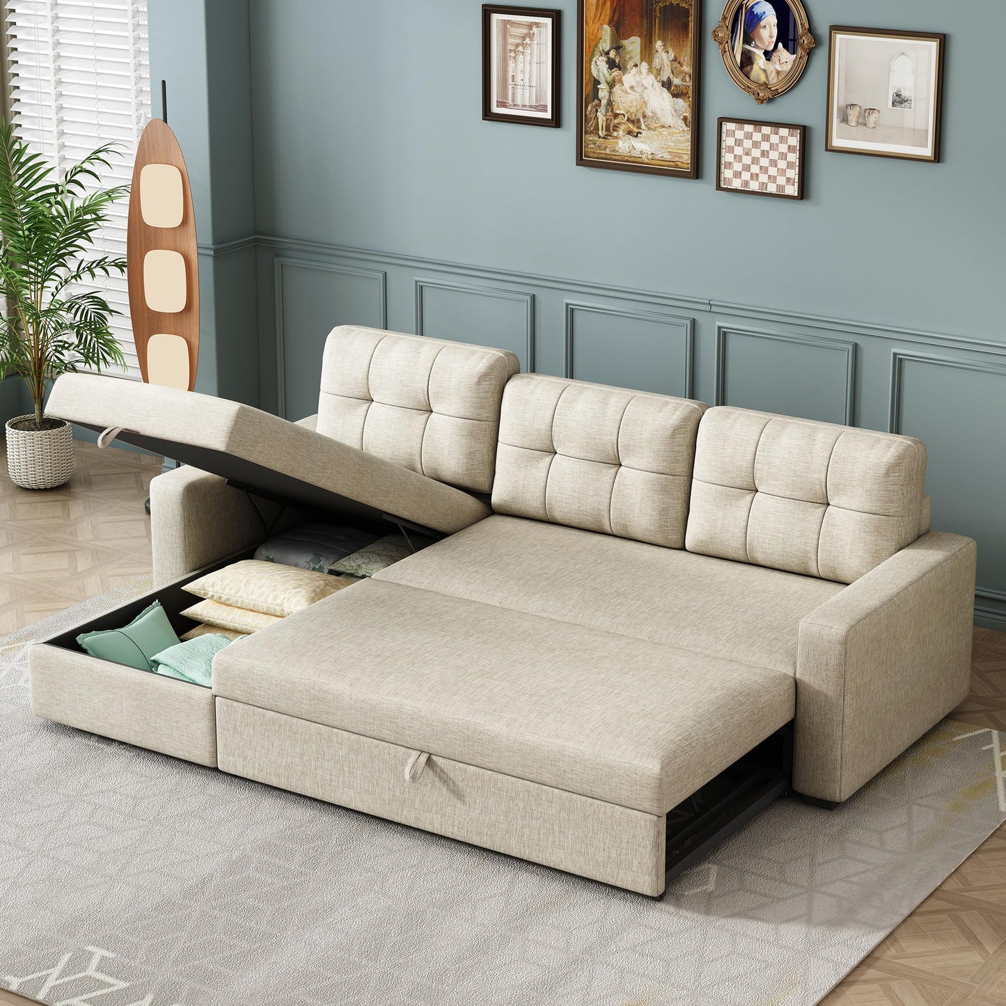 YOPTO L-Shape Reversible Sectional Sleeper Sofa Bed 4 in 1 Pull Out Couch with Storage Chaise & Removable Back Cushions,Convertible Sleeper Corner Couch Pull-Out Sofa Bed for Living Room,Office