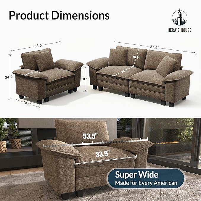 HERA'S HOUSE 2 Pieces Modular Sectional Sofa Sets, Oversized Couch Set with Loveseat and Armchair, Comfy Cloud Couches with Throw Pillows, 3-Seater Deep Seat Sofa for Living Room, Chenille Taupe