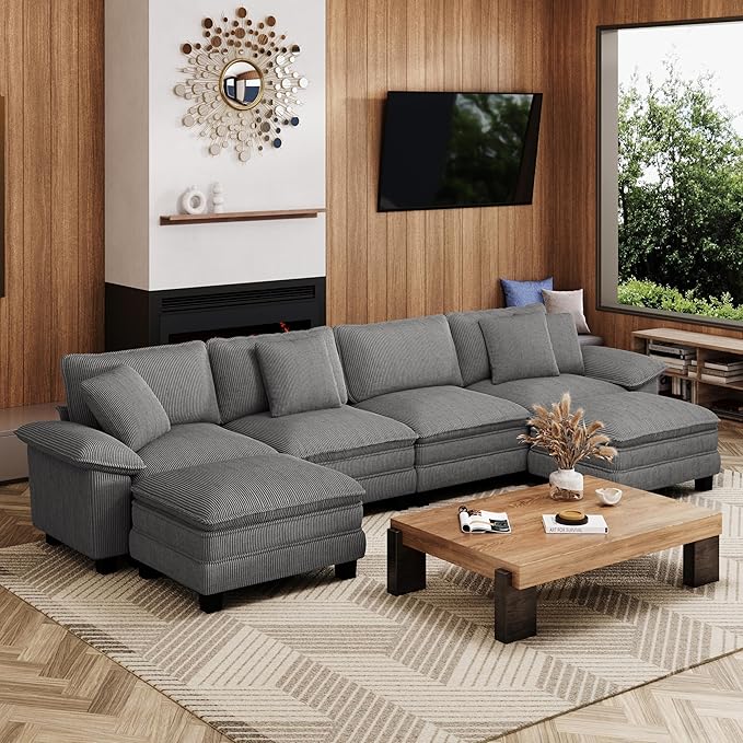 MIXPATIO 157-Inch U Shaped Sectional Sofa with Cloud Cushions, Deep Seat Modular Couch Set w/ 6 Seats & 2 Ottomans, Removable Arms, Plush Corduroy Upholstery for Living Room, Apartment - Gray