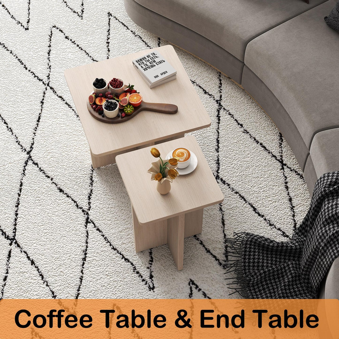 Oak Coffee Tables for Living Room: End Tables Set of 2 for Modern Small Side Spaces, Wooden Square Center Nesting Pieces with Fluted Wood Details (Oak)