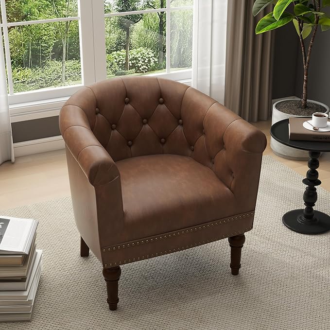 UIXE PU Leather Barrel Accent Chair, Modern Club Chair Upholstered Armchair for Living Room, Nailed Trim Arm Chair Comfy Single Sofa Bedroom Reading Seat, Brown