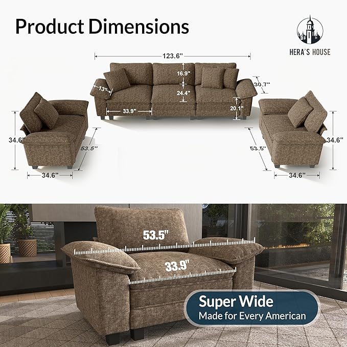 HERA'S HOUSE 3 Pieces Modular Sectional Sofa Sets, Oversized Couch Set with Loveseat and Armchairs, Comfy Cloud Couches with Throw Pillows, 5-Seater Deep Seat Sofa for Living Room, Chenille Taupe