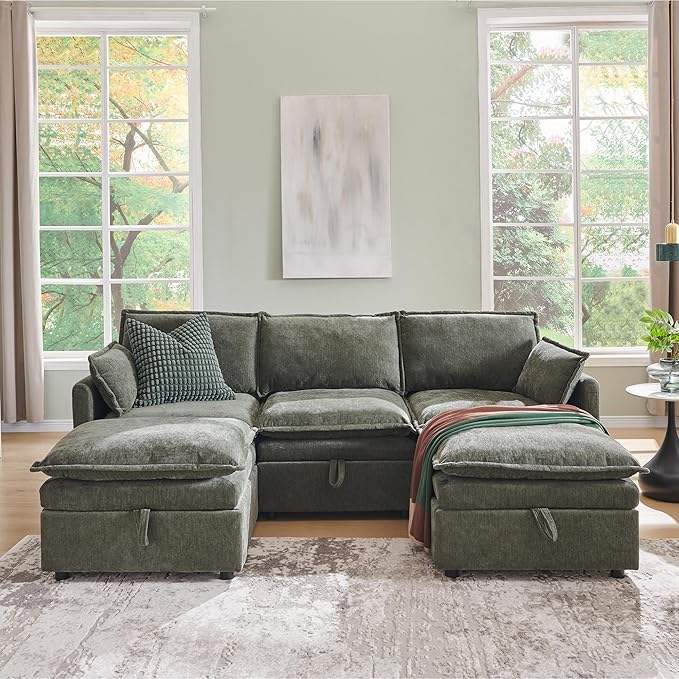 85.83" Sectional Couches for Living Room, Cloud Couch Sectional with Large Storage Ottoman, U-Shape Modular Sectional Sofa with 5 Seater Chenille Sofa and Pillow for Apartment, Bedroom, Green