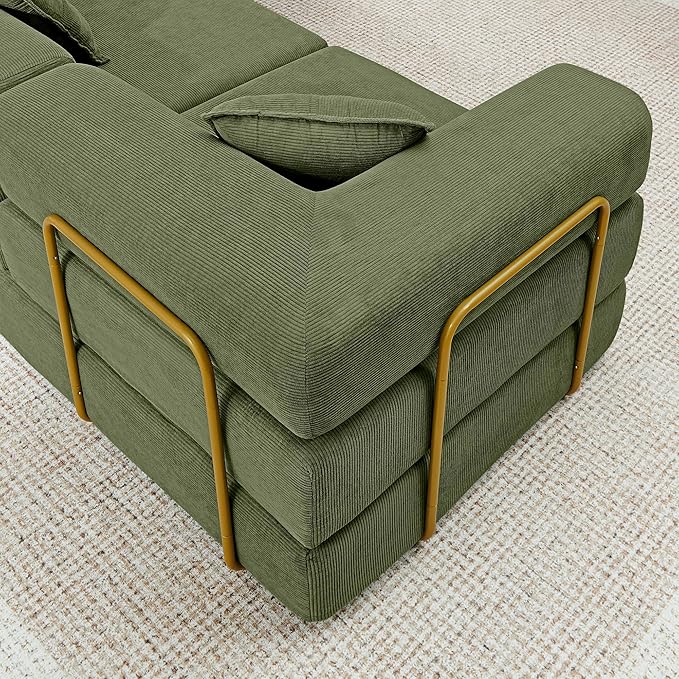 108" Oversized Convertible Sleeper Sofa Bed, Corduroy L Shape Sectional Couch, Folding Sofa Bed with Fixed-Shape Frame, Modern Cloud Floor Mattress Couch, Modular Sofa for Living Room, Green