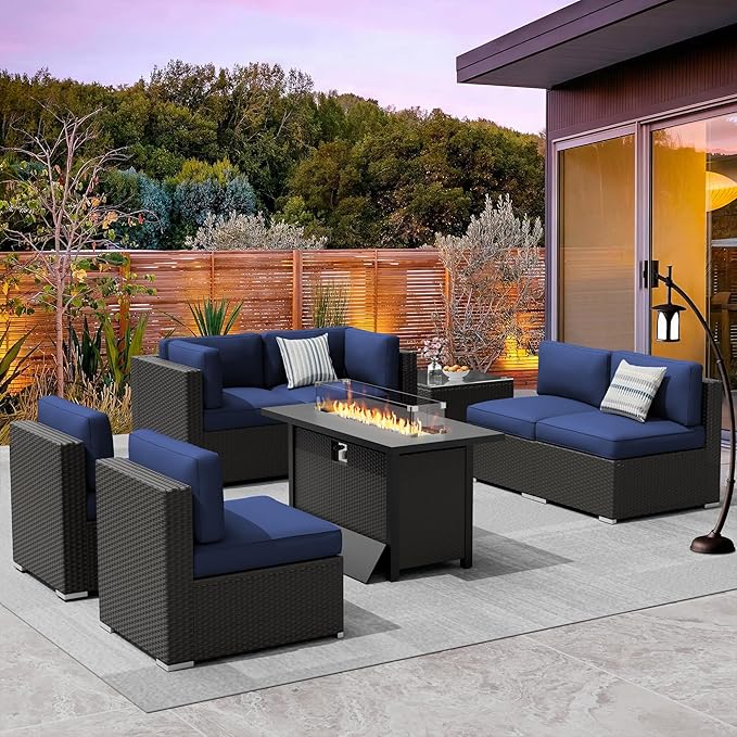 Crownland 8-Piece Outdoor Patio Furniture Sets with 45” Propane Gas Fire Pit Table, All-Weather Black Wicker Rattan Sectional Sofa with Coffee Table(Dark Blue)