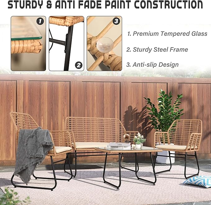PAOLFOX 4 Piece Patio Conversation Set, Outdoor Wicker Furniture Set,Rattan Patio Furniture Sets for Backyard,Front Porch, Beige