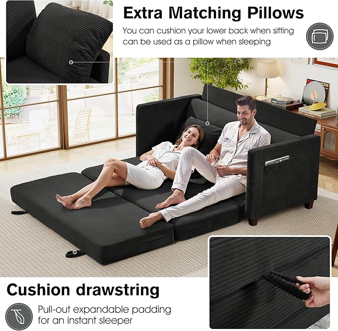kakuboohi 65" Loveseat Sleeper Sofa Bed, Corduroy Convertible Sofa Bed for Small Spaces, Folding Couch Bed with Deep Seat, 2 Pillows & Solid Frame, Pull Out Floor Couches for Living Room, Black