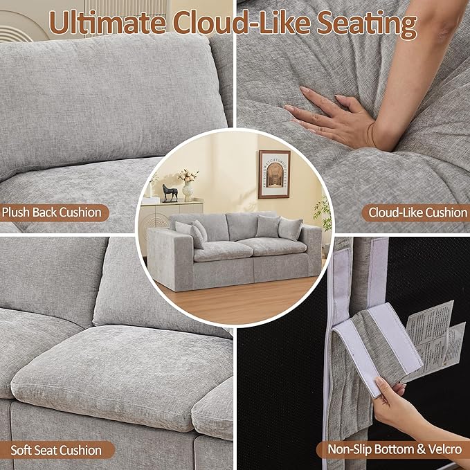 88''Cloud Boneless Sectional Couch, Modular Sectional Sofa Deep Seat, Upholstered Convertible Comfy Loveseat Chenille Memory Foam Sofa Couches for Living Room, Light Grey