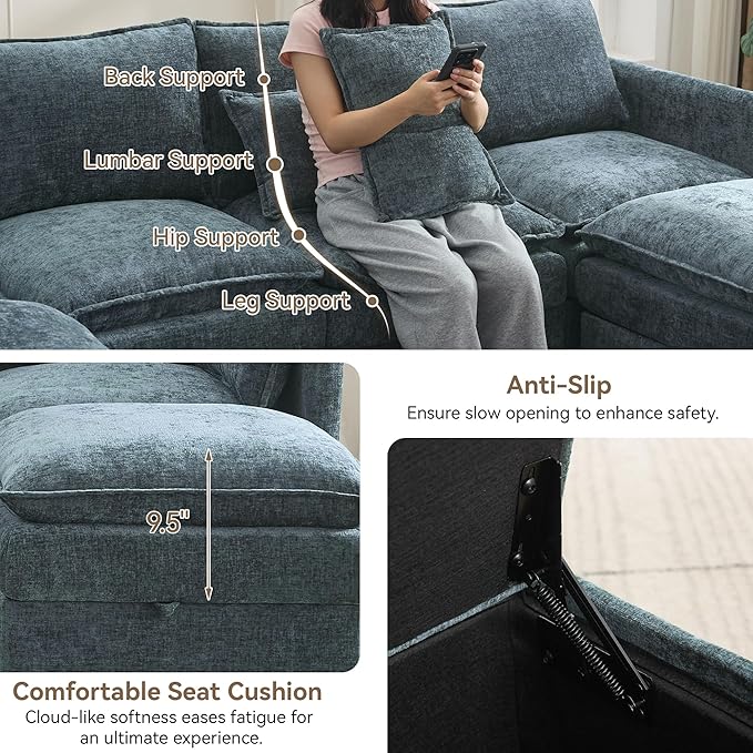 80" Cloud Modular 3 Seater Sofa with Storage Ottoman, Modern Upholstered Storage Sofa Couch Deep Seat, L Shape Sectional Sofa Chenille Comfy Couch with Armrests for Living Room, Small Space, Blue