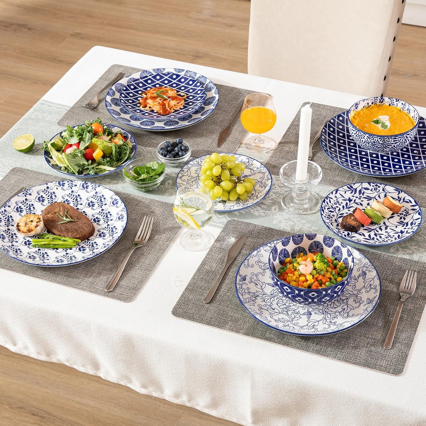 Sweejar 18 Pieces Ceramic Dinnerware Sets, Handmade Plates and Bowls Sets, Highly Scratch Resistant Dishes Set for Kitchen,Porcelain Dishwasher & Microwave Safe Dishes Set,Service for 6 (Vintage Blue)