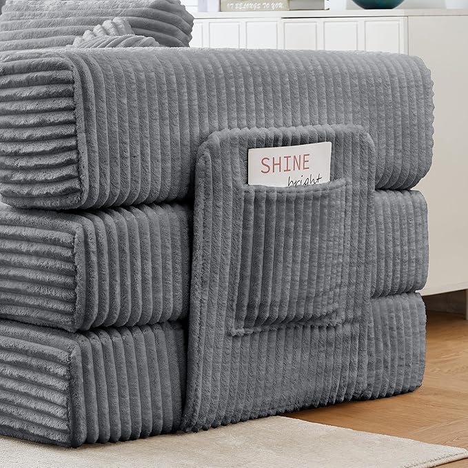 79.5" Folding Convertible Sofa Bed with Side Storage Pockets, 4-in-1 Corduroy Boneless Couch, No Assembly Loveseat Sleeper, Floor Sofa Daybed Futon Couch for Living Room Bedroom Lounge, Grey Upgraded
