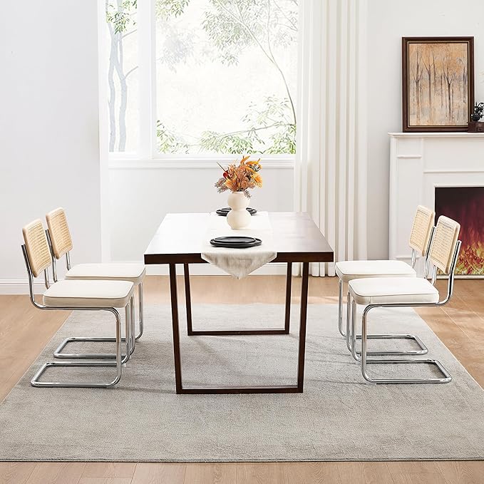 Zesthouse Natural Rattan Dining Chairs Set of 2, Mid Century Modern Dining Chairs with Solid Wood Back & Chrome Base, for Kitchen Living Room, Breuer Design Inspired, Upholstered Linen Fabric, White