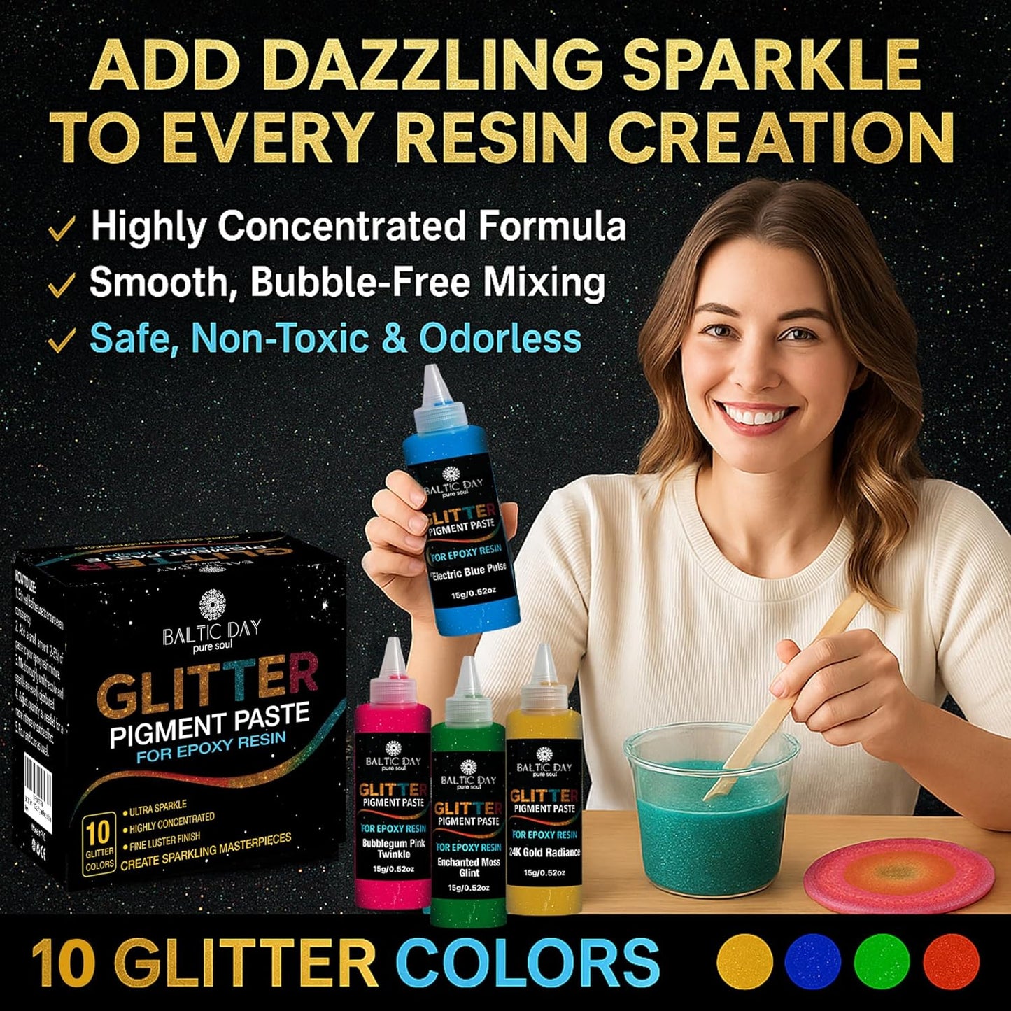 BALTIC DAY 10 Color Glitter Pigment Paste for Epoxy Resin, Mica Metallic Resin Pigment Set, Epoxy Colorant for Epoxy Art, Jewelry Making, Tumblers, Crafts & DIY Art Supplies Kit