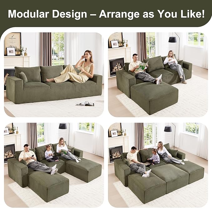 113" Modular Sectional Sofa, Compression Sofa with Deep Seat, Convertible Sofa Bed Couch with Ottoman, Upholstered Couches for Living Room Bedroom,No Assembly Required (Green Corduroy, 113" Sofa Bed)