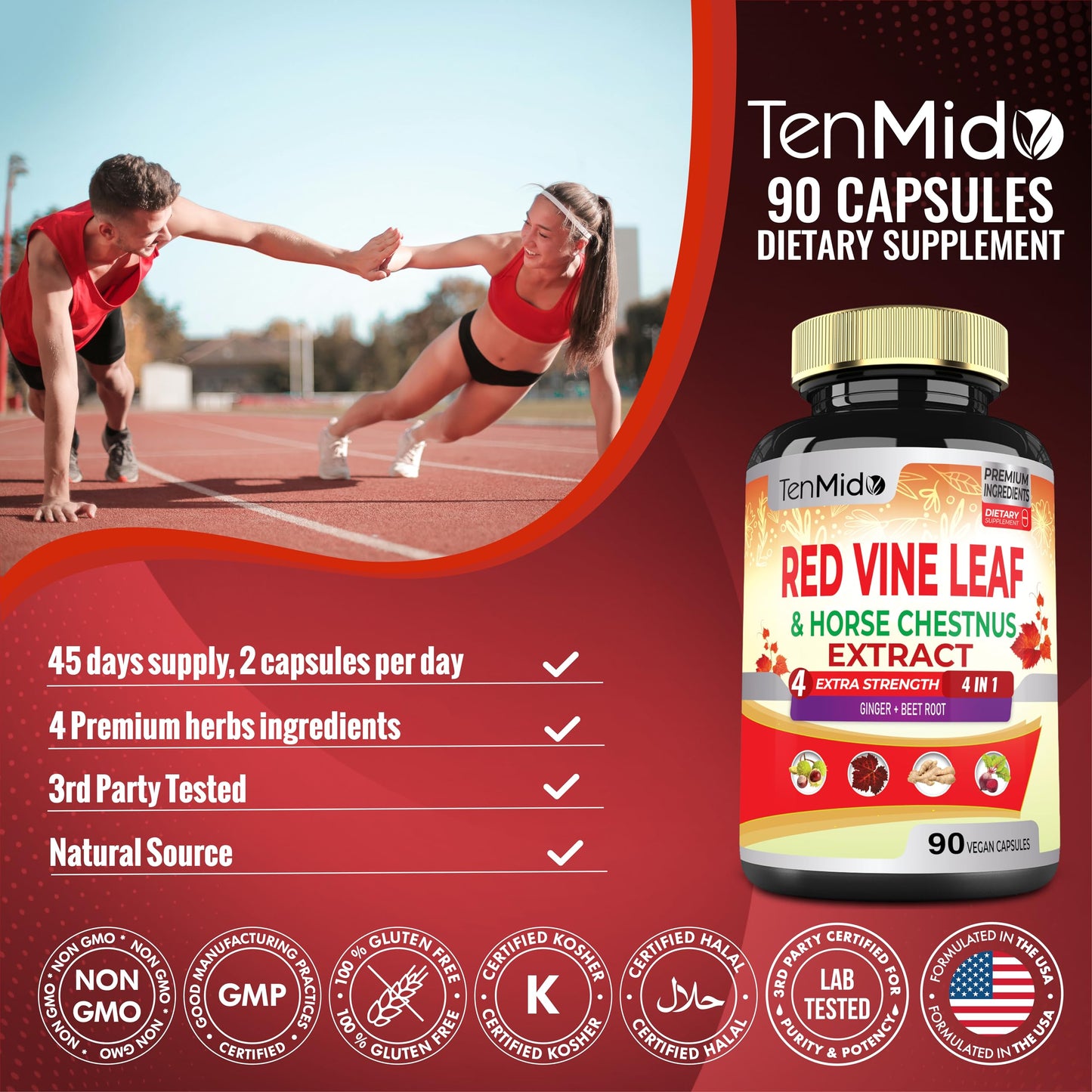 Tenmido Red Vine Leaf Extract Capsules - with Horse Chestnut, Beet Root, Ginger - Herbal Supplement for Heart, Leg Vein & Energy - 90 Vegan Capsules for 45 Days