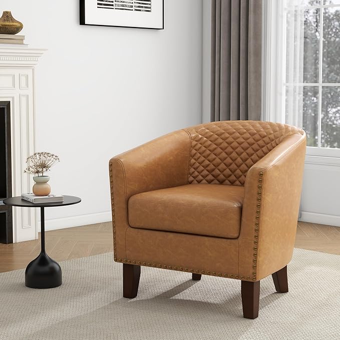 UIXE Faux Leather Accent Chairs Set of 2, Barrel Club Chair Upholstered Armchair for Living Room, Comfy Modern Round Arm Chair Bedroom Side Reading Seat - Coffee Brown