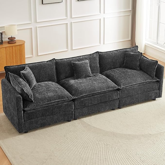 saows Modular Sectional Sofa, 112.2 Inch Rectangle Shaped Couch Set with Armrests, 3-Seater Comfy Cloud Couches for Living Room Apartment, Grey
