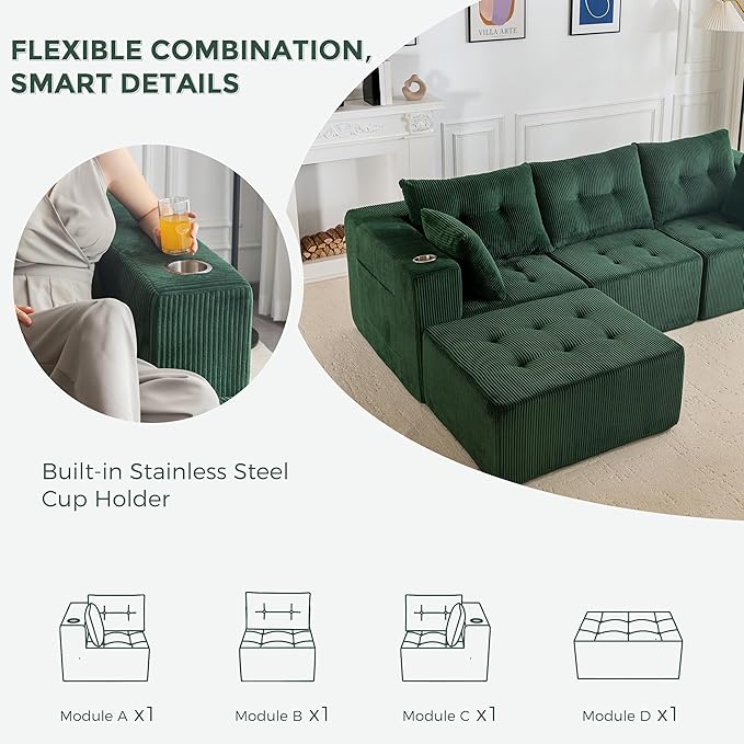 MAXYOYO Modular Sectional Sofa Couch, L Shaped Modern Cloud Couch with Ottoman, Sofa in A Box, Tufted 4-Seat Boneless Sleeper Chair for Living Room, No Assembly Required, Green
