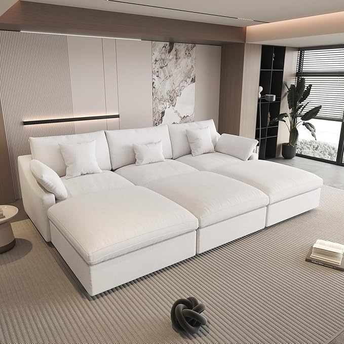 Could Couch Modular Sectional Sofa with Ottoman,Down Filled 120inch U Shaped Couch,Convertible Sofa Bed Living Room Set,6 Seat Sleeper Couched Bed, Cover Washable and Replaceable,White