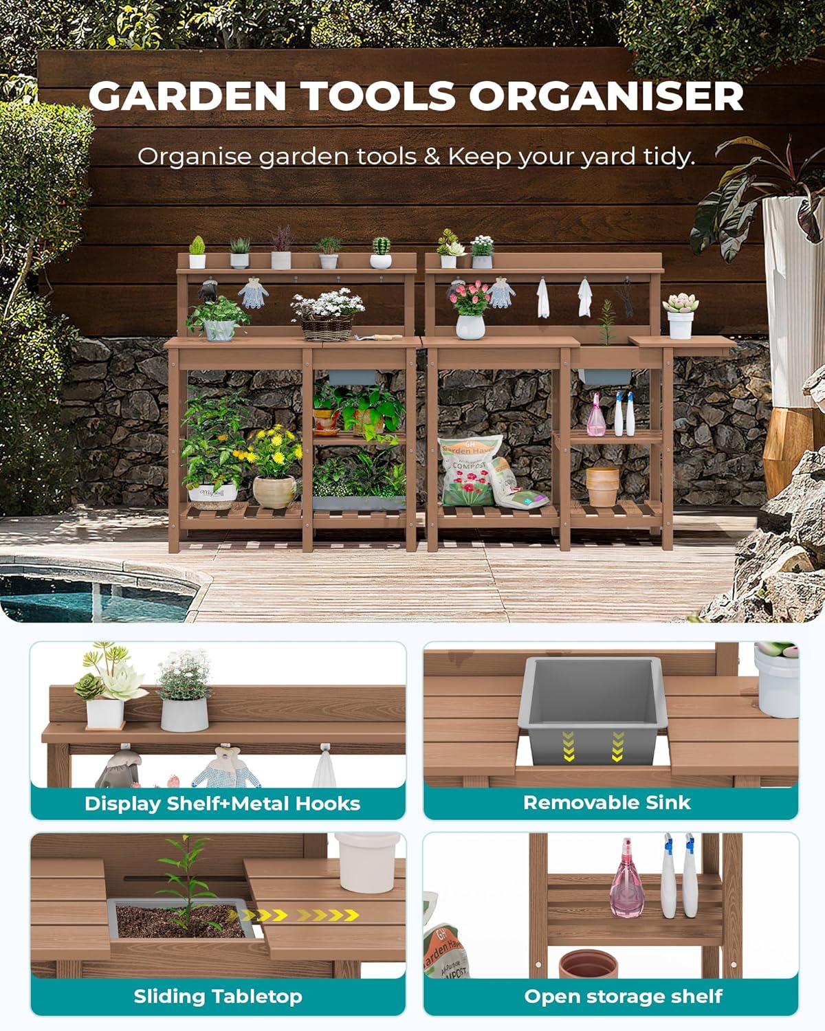 SERWALL Potting Bench Outdoor Potting Table with Sink, HDPE Potting Benches for Outside Gardening Table All Weather Use- Brown