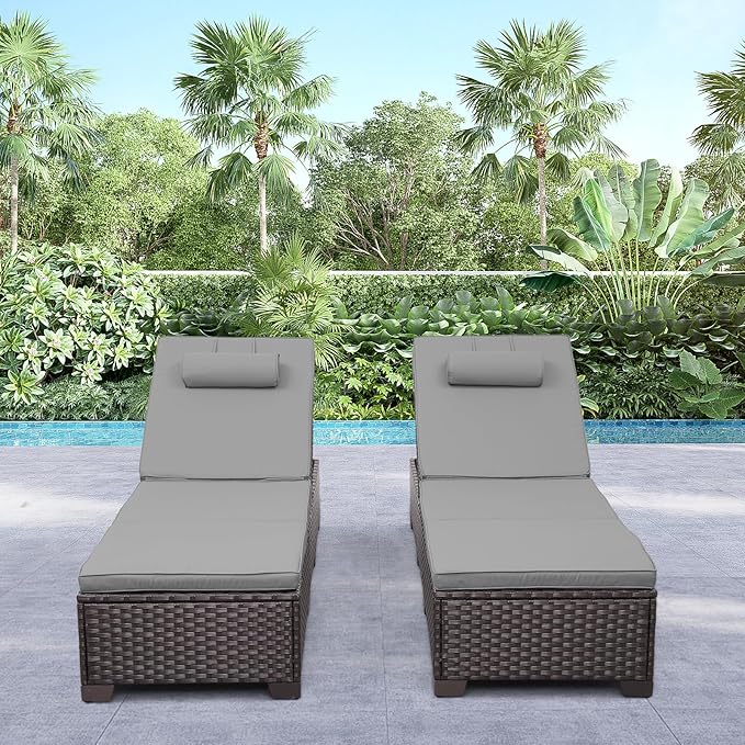 Rattan Star Brown Wicker Patio Chaise Lounge Chairs Set of 2 Outdoor Chaise Lounge Pool Lounge Chairs Poolside Recliner Chairs with Grey Cushions and Headrest