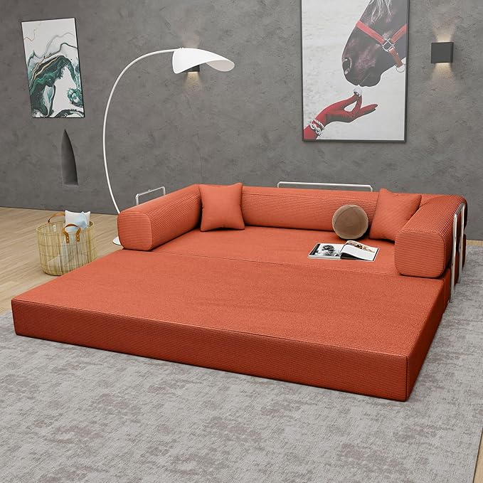Convertible Couch Sofa Bed Foldable Floor Sleeper | All High-Density 35D Foam | Fold Out Deep Seat Couch | King Size | Compression Sofa Sleeper for Living Room, Bedroom | Corduroy Orange