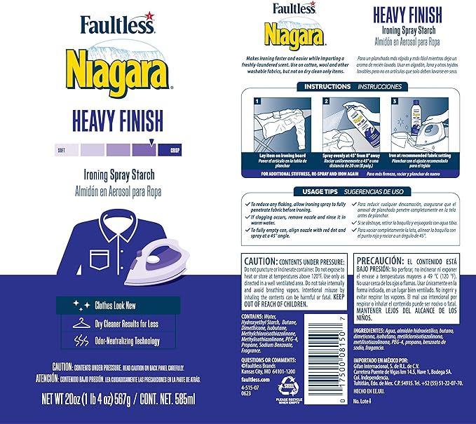 Heavy Starch Spray (20 oz, 12-Pack) - Niagara Heavy Hold Liquid Starch: Iron Aid Spray Pack for Clothes & Fabrics