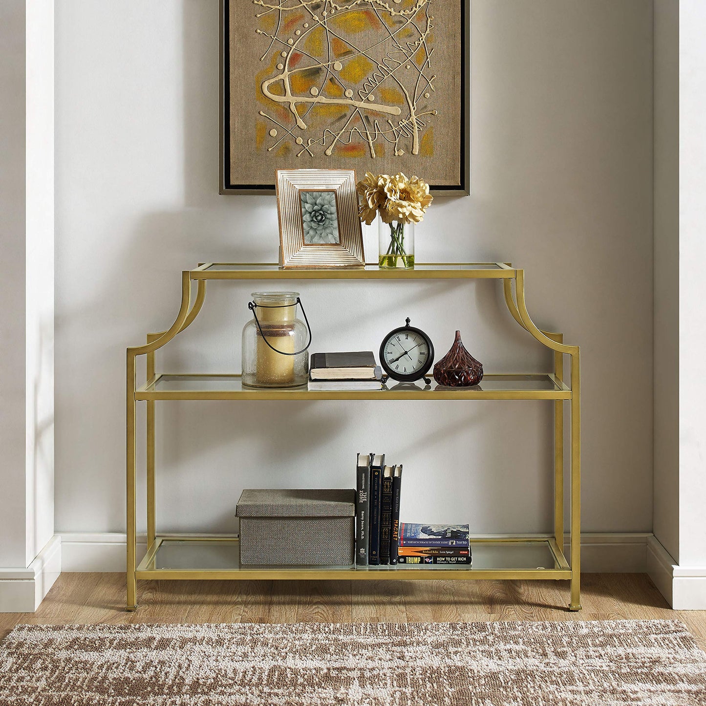 Crosley Furniture Aimee Sofa Console Table with Storage Shelves for Hall, Entryway, or Living Room, Gold and Glass