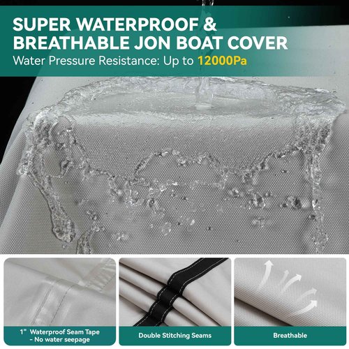 Heavy Duty 5 Layers 1200D Jon Boat Cover 16ft - 18ft with Motor Cover, 100% Waterproof Trailerable Jon Boat Covers 16-18 Foot with 11+4 Pcs Windproof Straps