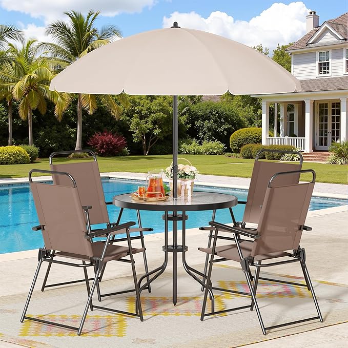 Shintenchi 6 Piece Patio Dining Set with Umbrella, Outdoor Furniture Set with 4 Folding Chairs and Tempered Glass Top Dini...