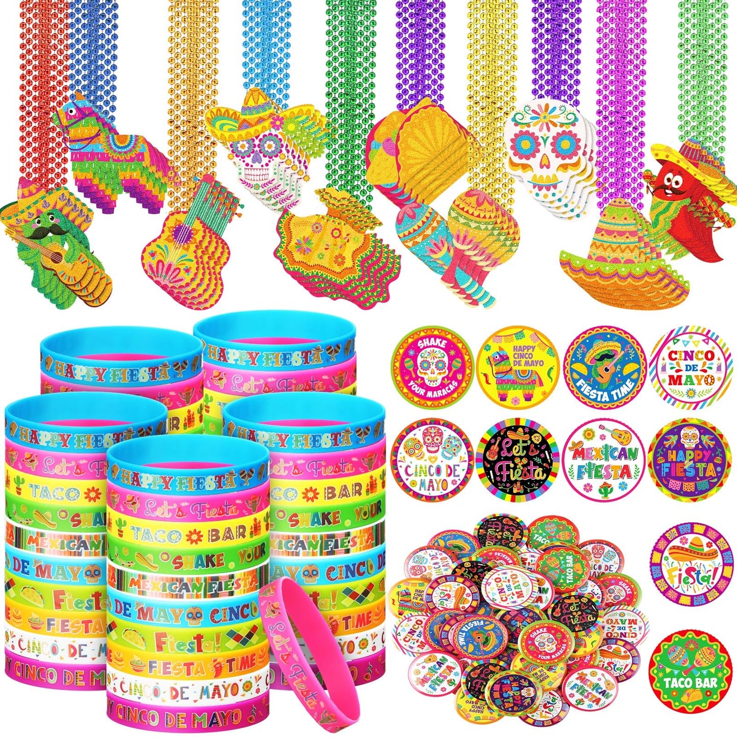 Highergo 150 Pcs Mexican Fiesta Party Favors Set 50 Cinco De Mayo Button Pins Badges 50 Fiesta Bead Necklaces 50 Party Favors Silicone Bracelets for Birthday Festival Party Supplies(Mexican Fiesta)