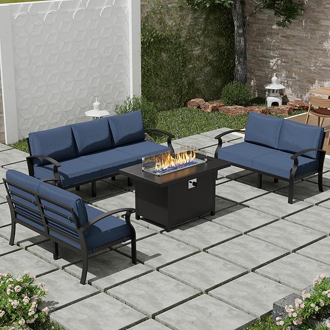 RTDTD Aluminum Outdoor Patio Furniture Set,4 Pieces 7 Seats Patio Conversation Sets with 45" Propane Fire Pit Table,Metal Patio Sectional Furniture Set w/5.1" Cushions,Navy Blue