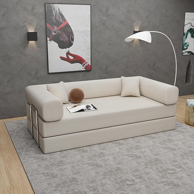 Convertible Couch Sofa Bed Foldable Floor Sleeper | Upgraded ALL High-Density 35D Foam | Fold Out Deep Seat Couch | King Size | Compression Sofa Sleeper for Living Room, Bedroom | Corduroy Beige